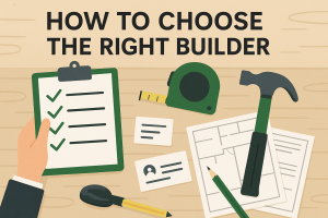 Illustrated images displaying business cards ,check lists and notes on how to choose a builder